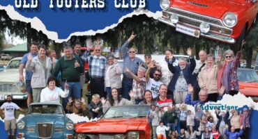 A collage of photos of the Newcastle Old Tooters Club and their vintage cars. There is also a bold, blue and white banner with bold white text bordering the entire frame.