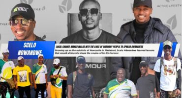 A collage of colour photos on top of a large black and white photo of a local influencer and his friends.