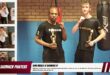 A collage of images of various kickboxers photographed in action, wearing their sport attire and holding tropies. The background is blue and a brown brick wall with a bold red and white banner with bold text.