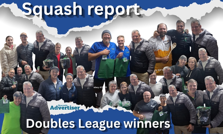 Several photos of the Newcastle Squash Club players holding prizes.