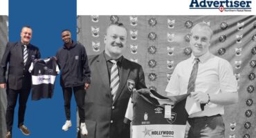 A featured bl;ack and white image of a rugby players receiving his Sharks jersey. Inset: A coloured image of a player receiving his Sharks Jersey.