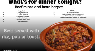 A recipe poster showing a pot of food. Also on the poster is bold black and grey text which is the recipes details.