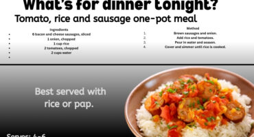 A recipe poster showing a pot of food. Also on the poster is bold black and grey text which is the recipes details.