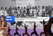 A collage of colourful imagers on top of a black and white photo of a Yoga Class hosted in 2025. There is a bold blue and white banner with bold black and white text on it.