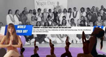 A collage of colourful imagers on top of a black and white photo of a Yoga Class hosted in 2025. There is a bold blue and white banner with bold black and white text on it.