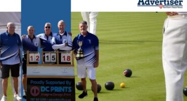 A feature image of a group of bowlers on the greens. Inset: A group photo of male bowlers taken in Newcastle. Top left corner: Newcastle Advertiser logo.