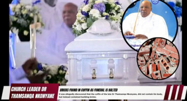 A collection of photos during the late church leader Dr Thamsanqa Nkonyane funeral, compiled into a photo collage. Also a red and white banner with bold, black text in it.