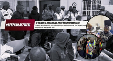 A collage of photos of drunk drivers being processed by RTI officials. the main background image is a black and white photo while two colour photos are pictured in bubbles in front of a red and white banner with bold black and white text on it.