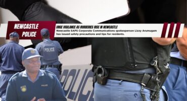 A collage of images of SAPS members and their rifles. In the fore ground is a bold red and white banner with bold black text on it.