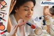 A variety of images of make-up, skincare and nailcare products with a woman indulging in skincare in the background.