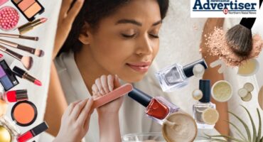 A variety of images of make-up, skincare and nailcare products with a woman indulging in skincare in the background.