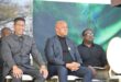 Musa Zondi Member of the Executive Council for Economic Development, Tourism and Environmental Affairs in KZN with Premier Thami Ntuli at the Dundee July with another person.
