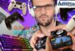 A collage of images of gaming tools and a man wearing headphones in the background.