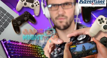 A collage of images of gaming tools and a man wearing headphones in the background.