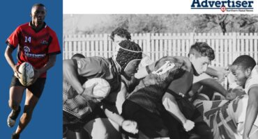 A large image of two rugby teams during a scrum. One image of one rugby player in action.