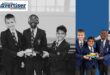 Two group photos of Aarav Siveraj, Chimdi Chukwu, and Joshua Swart who won a national comp posing with their teacher. The Newcastle Advertiser logo is at the top corner.