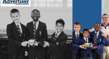 Two group photos of Aarav Siveraj, Chimdi Chukwu, and Joshua Swart who won a national comp posing with their teacher. The Newcastle Advertiser logo is at the top corner.
