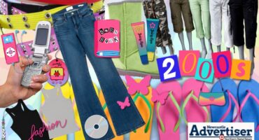 A collage of pictures of 2006 fashion trends and accessories.