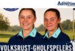 A photo digitally enhanced of two young female golf players on a poster.