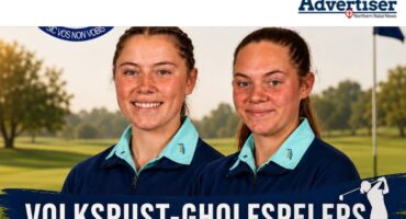 A photo digitally enhanced of two young female golf players on a poster.