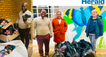 An image of Zakhele Xulu, Nkosingiphile Xulu and Inkululeko Children's Home manager as the Zakhele Foundation hand over clothing donation.