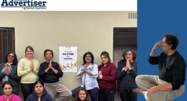 A large photo of a group of women doing a yoga pose. Inset: One woman doing a yoga pose over a blue strip.