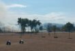 Image of smoke rising from a dry field in the foreground.