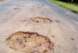 Image of two potholes in Dundee with a vehicle in the background.