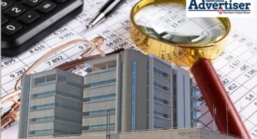 Image of a report under a magnifying glass and an image of the Newcastle municipal building.