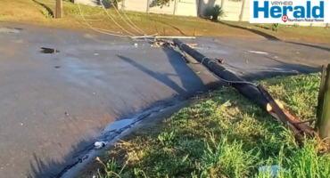 Image of an electricity pole cut down after cable theft.