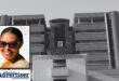 A black and white photo of the Newcastle Municipality building, with a coloured photo of the new acting municipal manager.