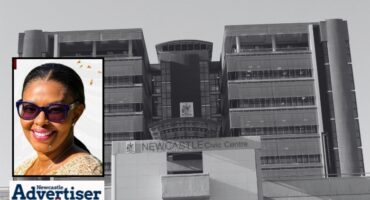 A black and white photo of the Newcastle Municipality building, with a coloured photo of the new acting municipal manager.