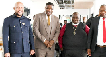 District Mayor Thembelihle Mthembu, MEC Mntomuhle Khawula, KwaNkosi Traditional Authority Gravis Nkosi and Dannhauser Mayor Bongane Radebe at the official opening of a new library in the Dannhauser area.