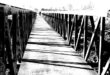 Black and white image of a foot bridge covered in frost in early morning sun.