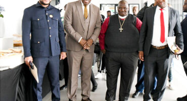 District Mayor Thembelihle Mthembu, MEC Mntomuhle Khawula, KwaNkosi Traditional Authority Gravis Nkosi and Dannhauser Mayor Bongane Radebe at the official opening of a new library in the Dannhauser area.