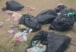 Image of opened black refuse bags on a sidewalk.