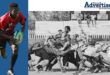 A photo in black and white of a scrum during a rugby match. A coloured photo of a rugby players in action is in front of a blue banner.