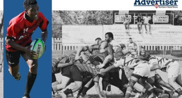 A photo in black and white of a scrum during a rugby match. A coloured photo of a rugby players in action is in front of a blue banner.