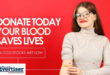An image of a woman donating blood in front of a red background with bold white text.