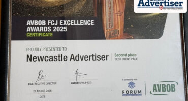 An award presented to the Newcastle Advertiser for 2nd place for best front page.