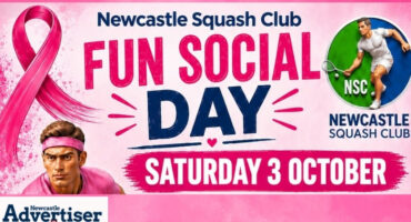 A pink poster advertising the Newcastle Squash Club's Socials Day.