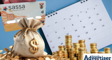A photo containing a calander, bag of money, money coins and a sassa card.