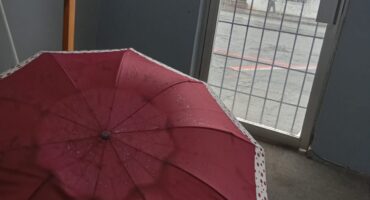 Image of an umbrella in the foreground with a glassdoor behind.