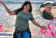 A photo of a woman who overcqame breast cancer being happy on a beach front. Also an image of when she was undergoing chemo. also pink ribbons are over the images.