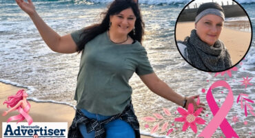 A photo of a woman who overcqame breast cancer being happy on a beach front. Also an image of when she was undergoing chemo. also pink ribbons are over the images.