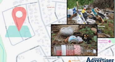 A Google Map image of Aviary Hill with a location marker around Reier Crescent and two framed photographs of illegal dumping.