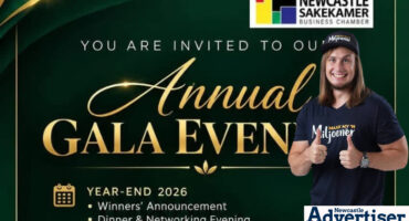 A poster for the Newcastle Sakekamer Gala Dinner with a picture of self-made millionaire, Albert van Wyk.