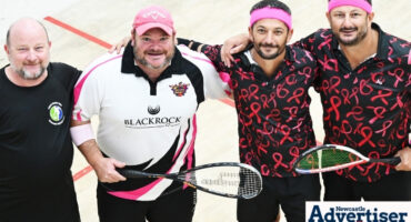 Greg Tarbottom, Thinus Laatz, Salvador Giammello and Cliff De Valence posing at the squash club in Newcastle.