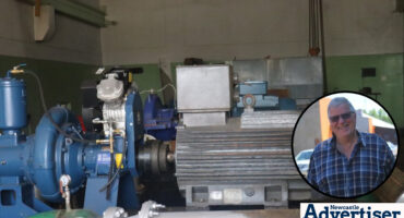 A large photo of a pump at the Farmers Hall Pump Station in Newcastle and a smaller photo of a ward councillor.