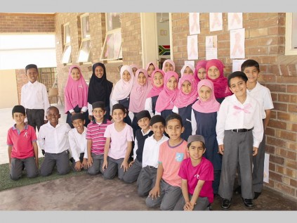 Gr. 1 Northern Muslim School learners wear pink to school to show support for Breast Cancer Month.